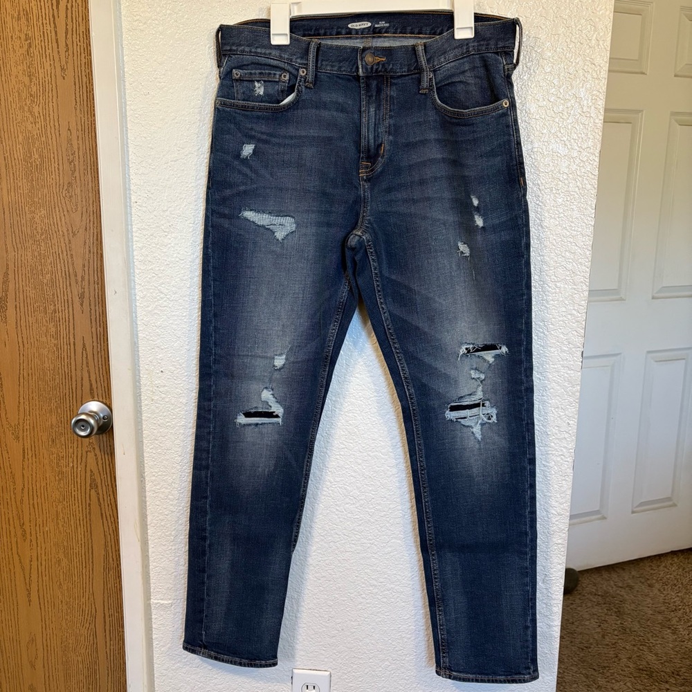 Old Navy Men's‎ 34x32 Distressed Slim Built-In Flex Jeans Dark Blue Wash Denim